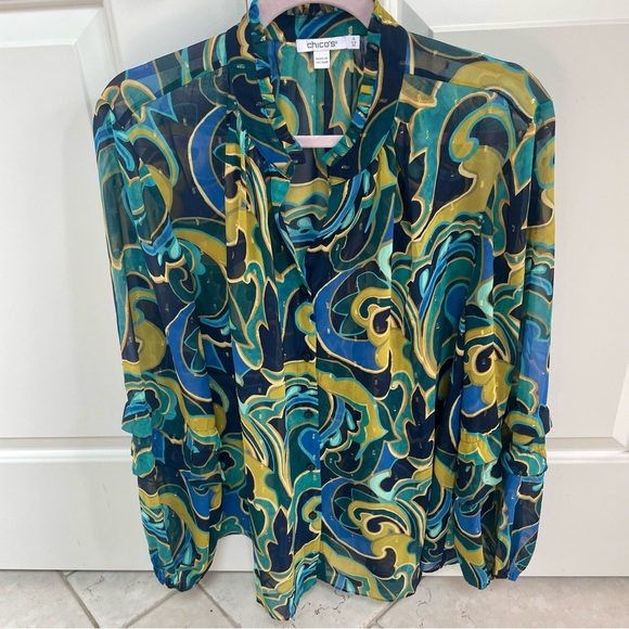 Chico’s Blue Gold Green Chiffon Metallic Swirl Ruffle Sleeve Button Up Blouse - Picture 3 of 14